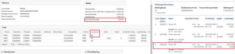 Skjermbilde av Regnskapsside med tre røde firkanter rundt "Gjenstående beløp", "Avg.kode" og "Betalingsinformasjon".
