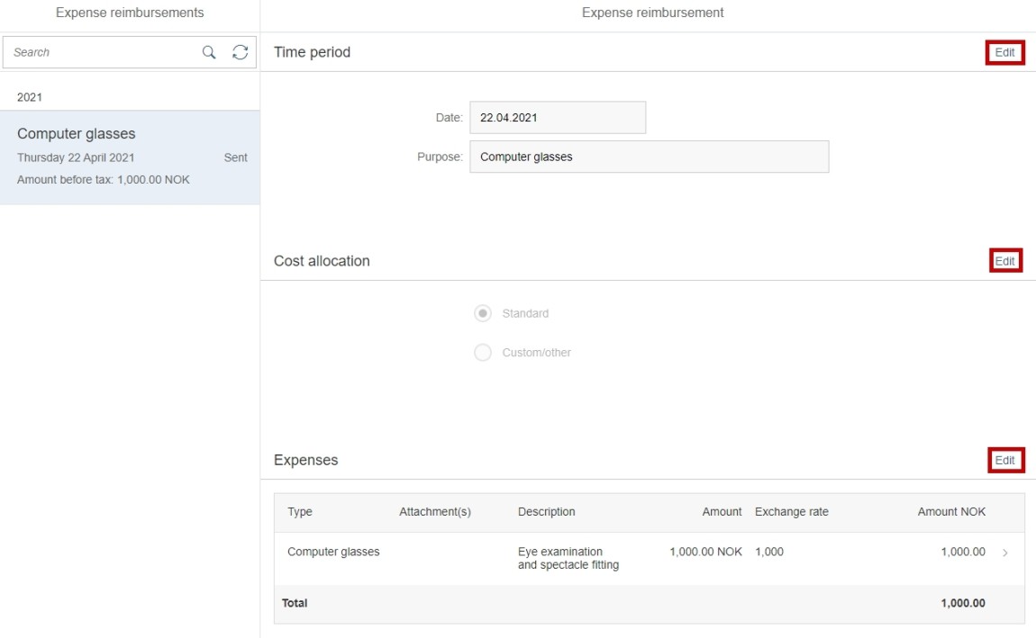 Image showing overview of expense reimbursement and edit buttons on the right side