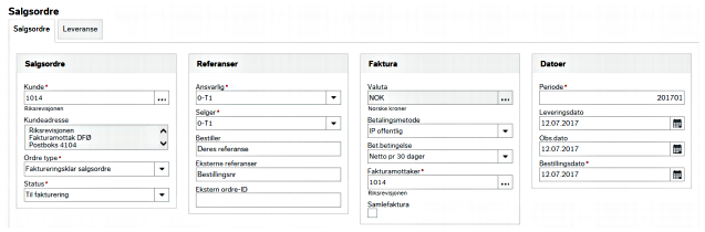 Skjermbilde av salgsordresystem i web.